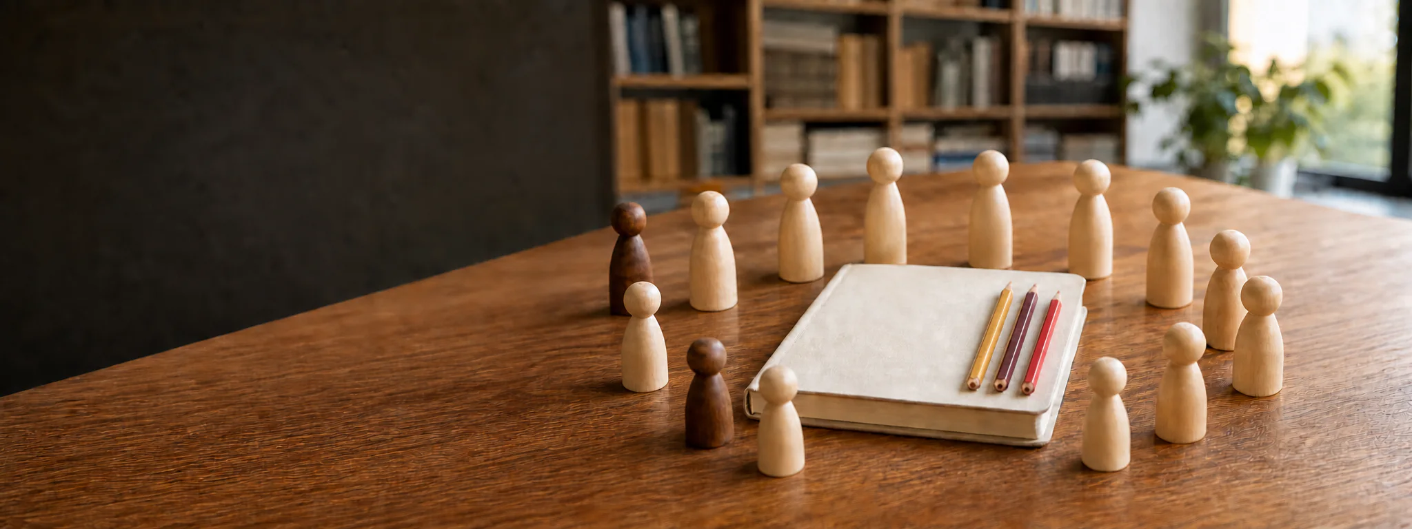 Holzfiguren stehen als Schulgemeinschaft um ein Heft mit farbigen Stiften